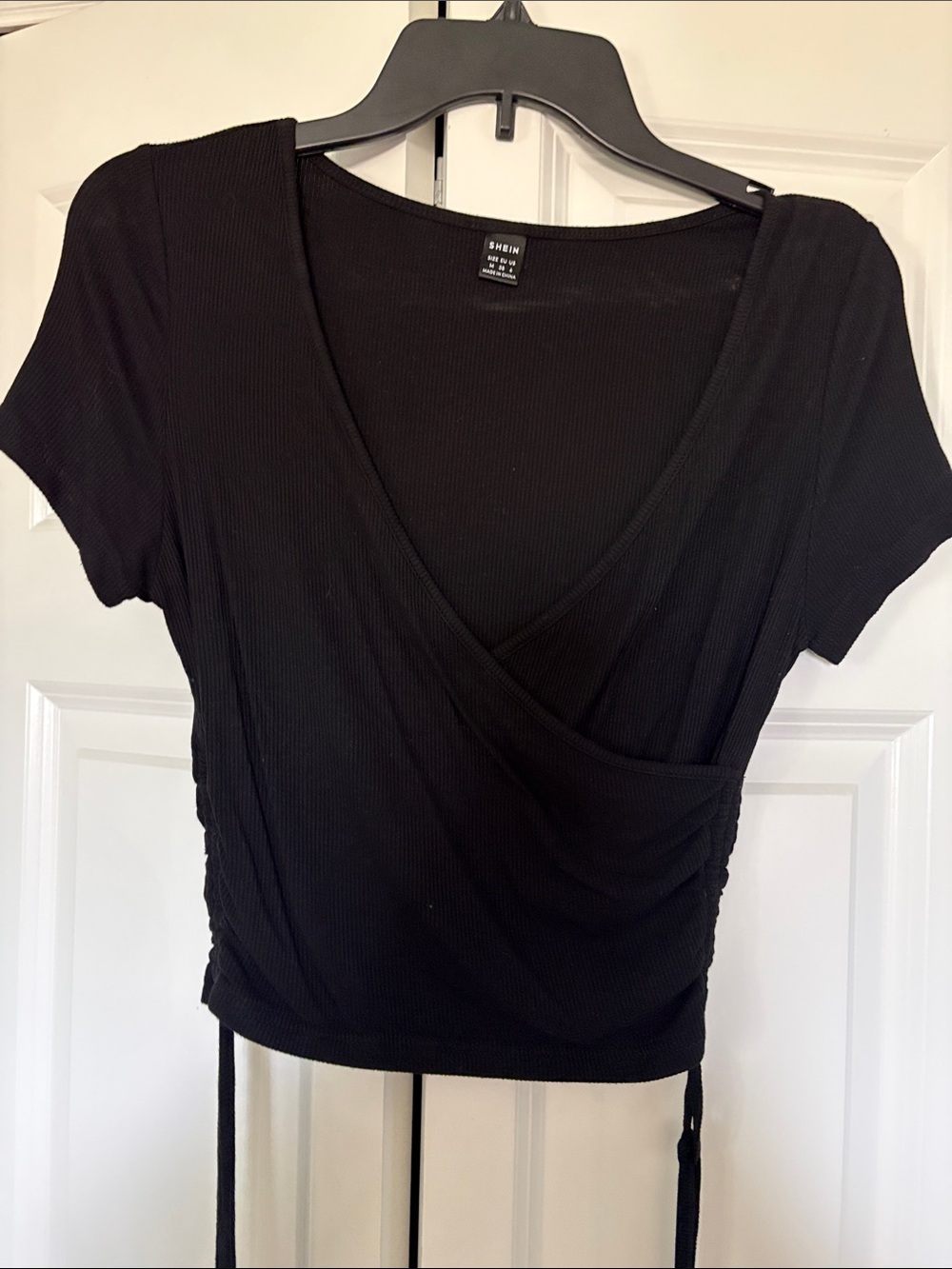 SHEIN Black Ribbed Wrap Crop Top with Side Ties